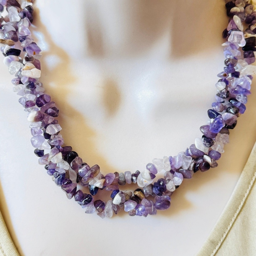 VTG Purple Amethyst Natural Necklace Multi Chunky Beaded  18" Triple Strand Boho